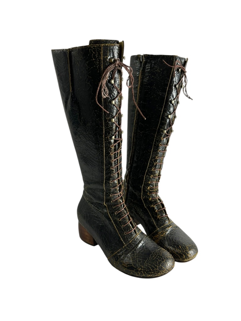 Genuine Vintage Calleen Cordero Brown Cracked Leather LaceUp Long Boots Size 7